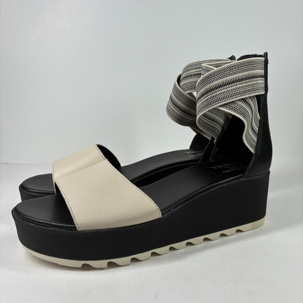 Sorel Cameron Women's US 12 Black/White Ankle Strap Flatform Sandals NL3994-010